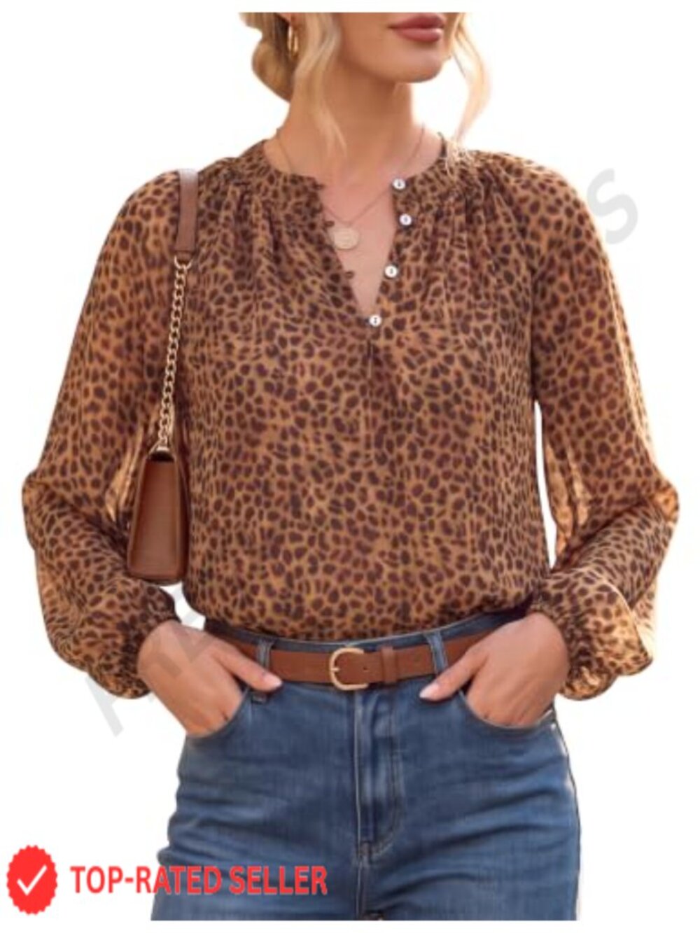 Chiffon Leopard Print Blouse Bishop Sleeve Relaxed Fit Fall Top
